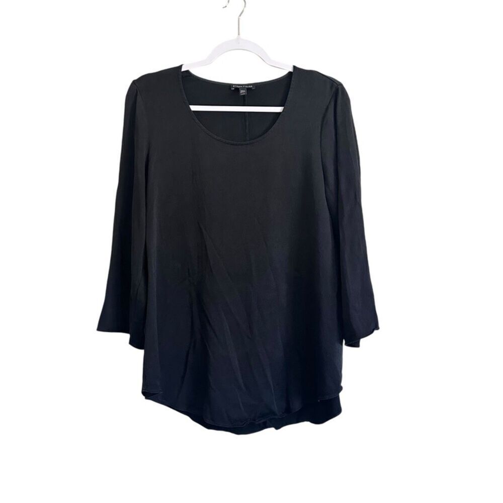 Eileen Fisher System Silk 3/4 Sleeve‎ Blouse Women's M Black Career Wear